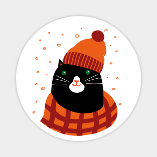 Black cat dressed in warm knitted hat and scarf Magnet